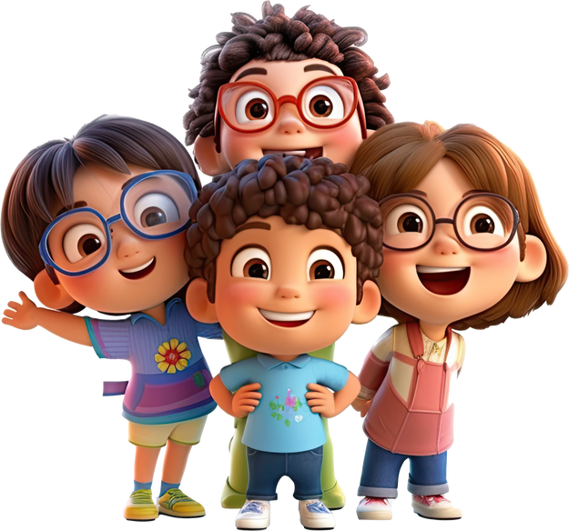 3d cartoon group of little children on transparent 2